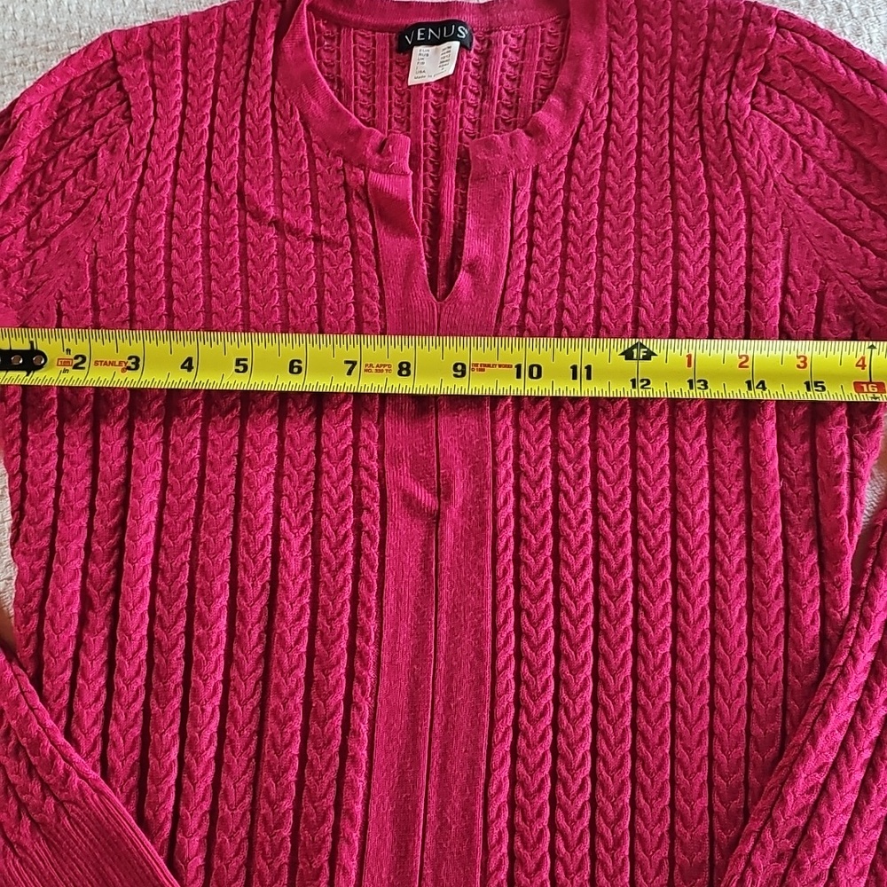 VENUS Cable Knit Split-Neck Sweater - Raspberry Red - Picture 2 of 6